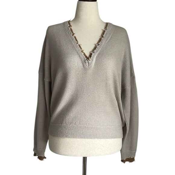 Nation LTD Baby Alpaca Cotton Blend Sweater  Size S Beige Distressed V-Neck - Picture 1 of 9